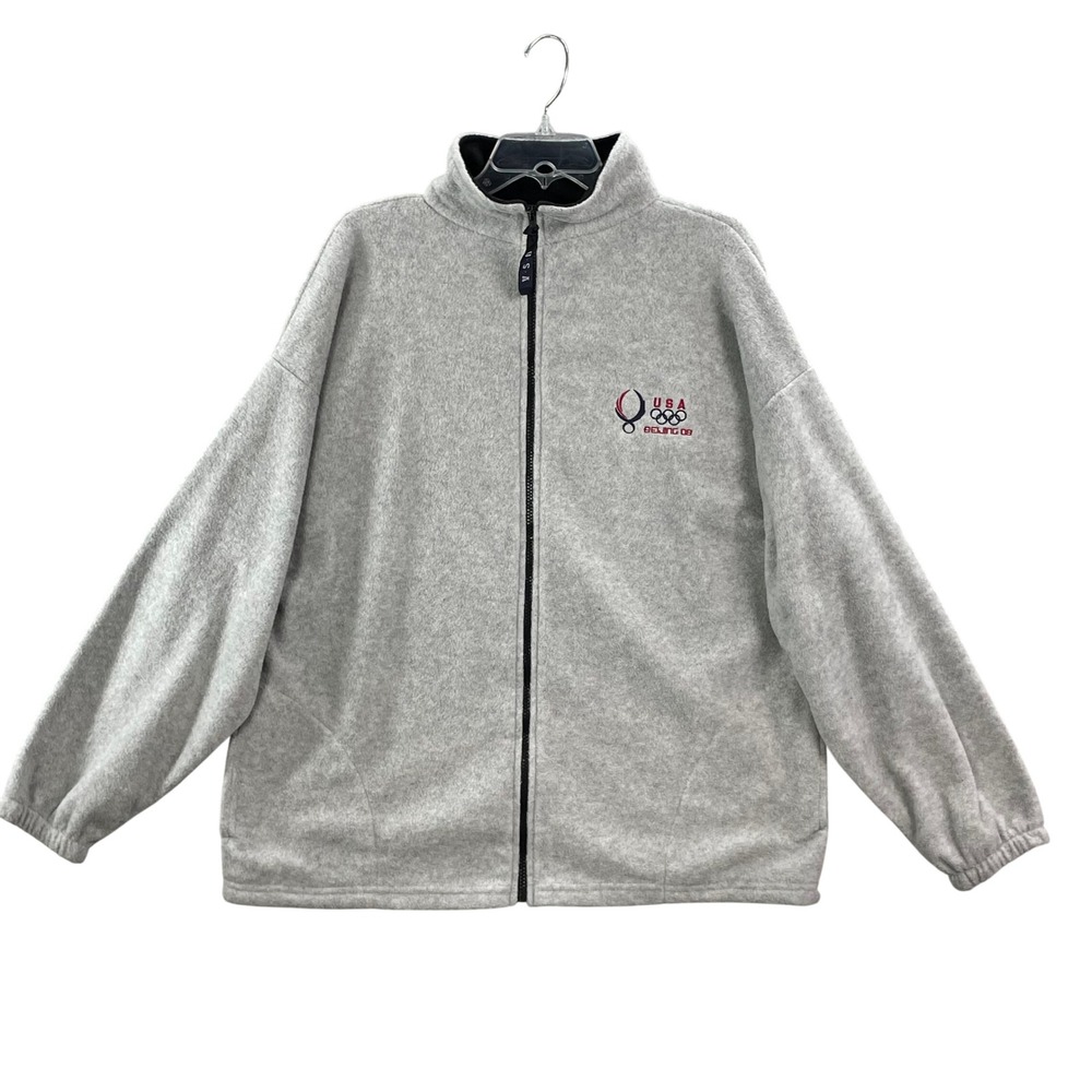 USA Olympics Fleece Jacket Mens XL Gray Beijing 08 Full Zip Made in USA Vintage